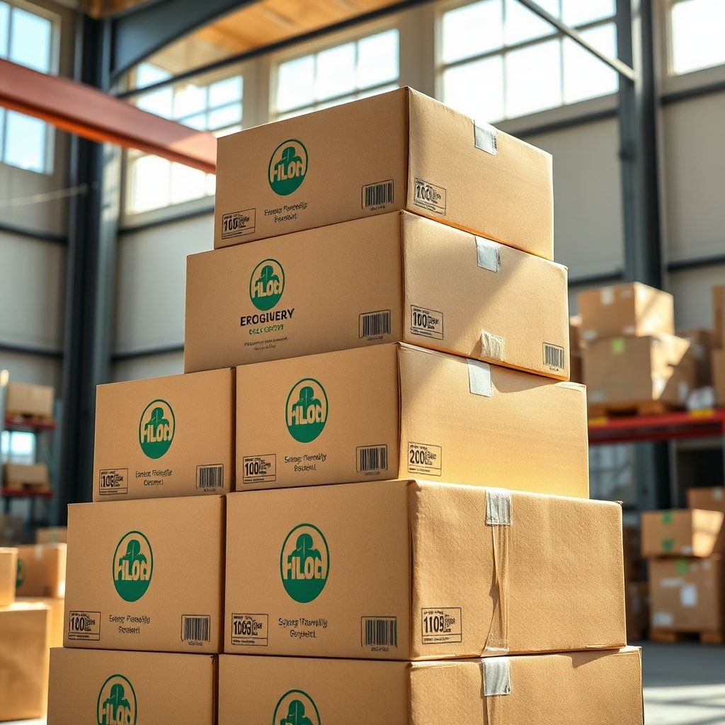 expert - A stack of perfectly branded custom corrugated boxes with vibrant, eco-friendly printing, ready for shipment in a we