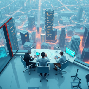 cutting-edge technology solutions in a modern office setting with diverse team collaboration, futuristic AI technology interface in a high-tech lab, vibrant cityscape with digital transformation icons and data streams