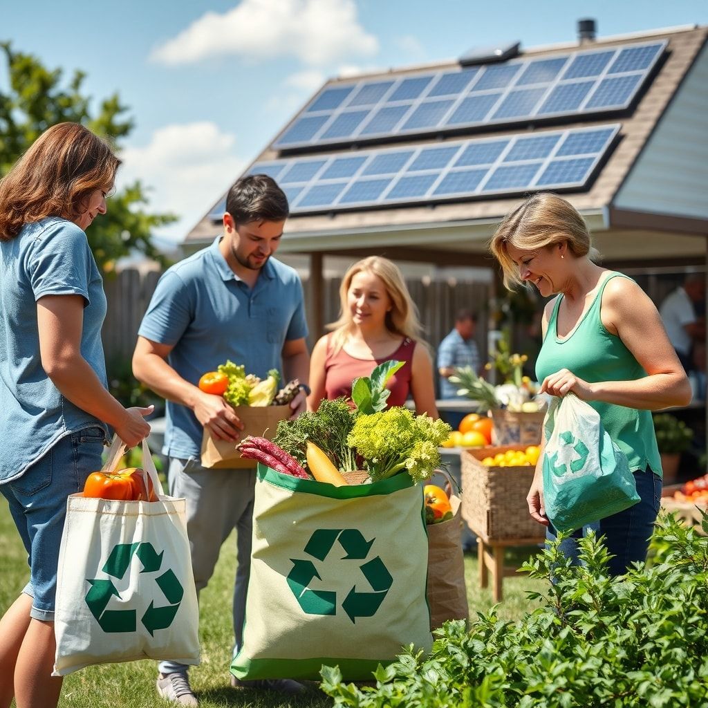 family recycling together in a sunny backyard, reusable shopping bags filled with fresh produce at a local farmer's market, solar panels on a roof generating clean energy for a home