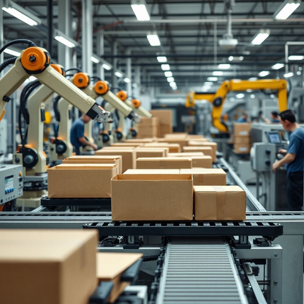 state-of-the-art cardboard box manufacturing equipment with robotic arms, conveyor belts, and digital control panels, modern factory floor bustling with activity, workers overseeing automated machines, high-tech production line in action, precision cutting and folding of cardboard materials