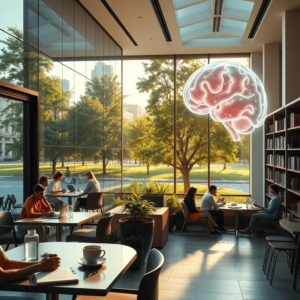 modern office with glass walls and people working on laptops, cozy Italian café terrace with coffee cups and notebooks, peaceful city park with green trees and stone pathways, minimalist living room interior with sunlight through large windows, futuristic AI holographic brain with neon lights, university library with tall bookshelves and students studying, warm natural sunlight, cinematic atmosphere, ultra realistic, highly detailed, 8k quality, photorealistic