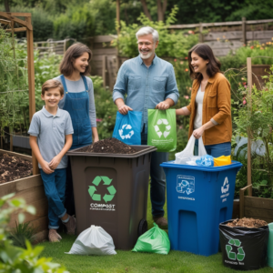 family recycling together in a garden with compost bin, reusable shopping bags, and recycling bins