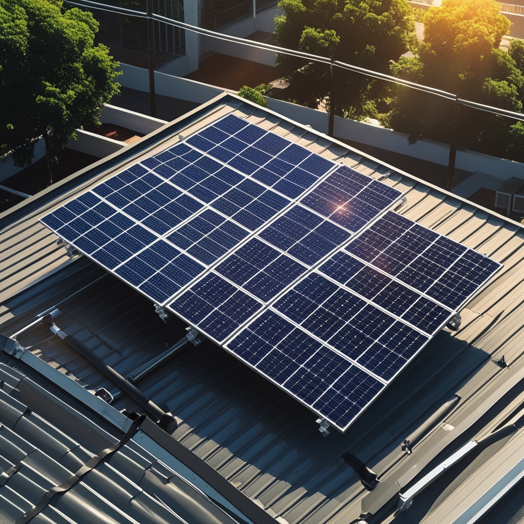 sustainable - solar panels on a rooftop with sunlight, green energy concept