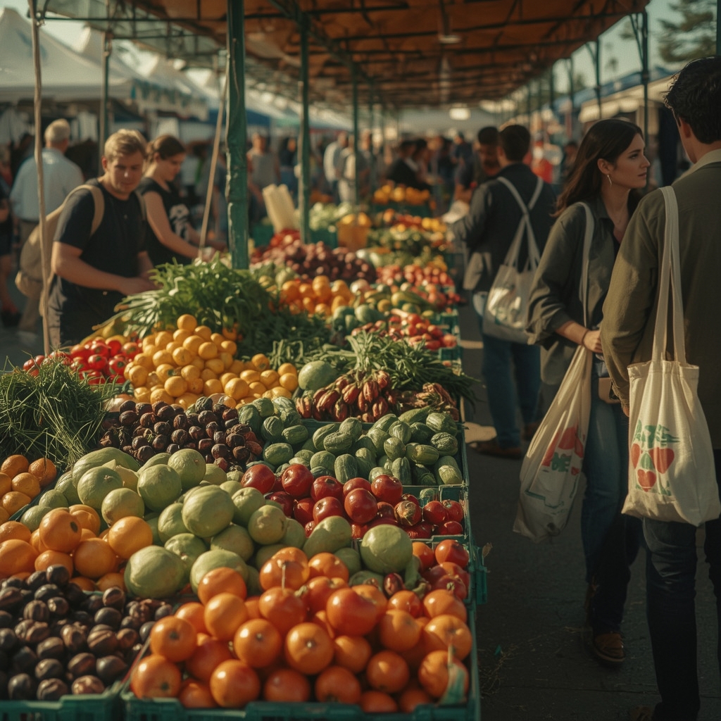 sustainable - local farmers market with colorful fruits and vegetables, people shopping in eco-friendly tote bags