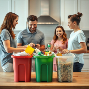 family recycling together in the kitchen, sorting paper, plastic, and glass items into separate bins