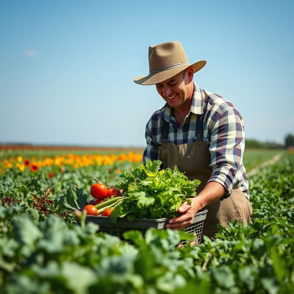 sustainable farmer harvesting fresh organic vegetables in a sunny field, with colorful crops and blue sky in the background