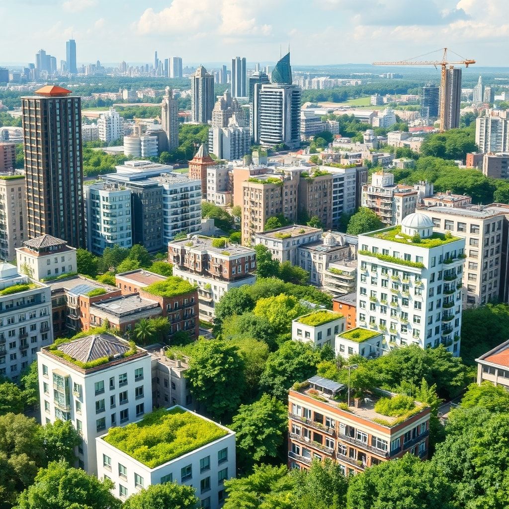 green cityscape with eco-friendly buildings, rooftop gardens, and solar panels, showcasing sustainable urban planning and env