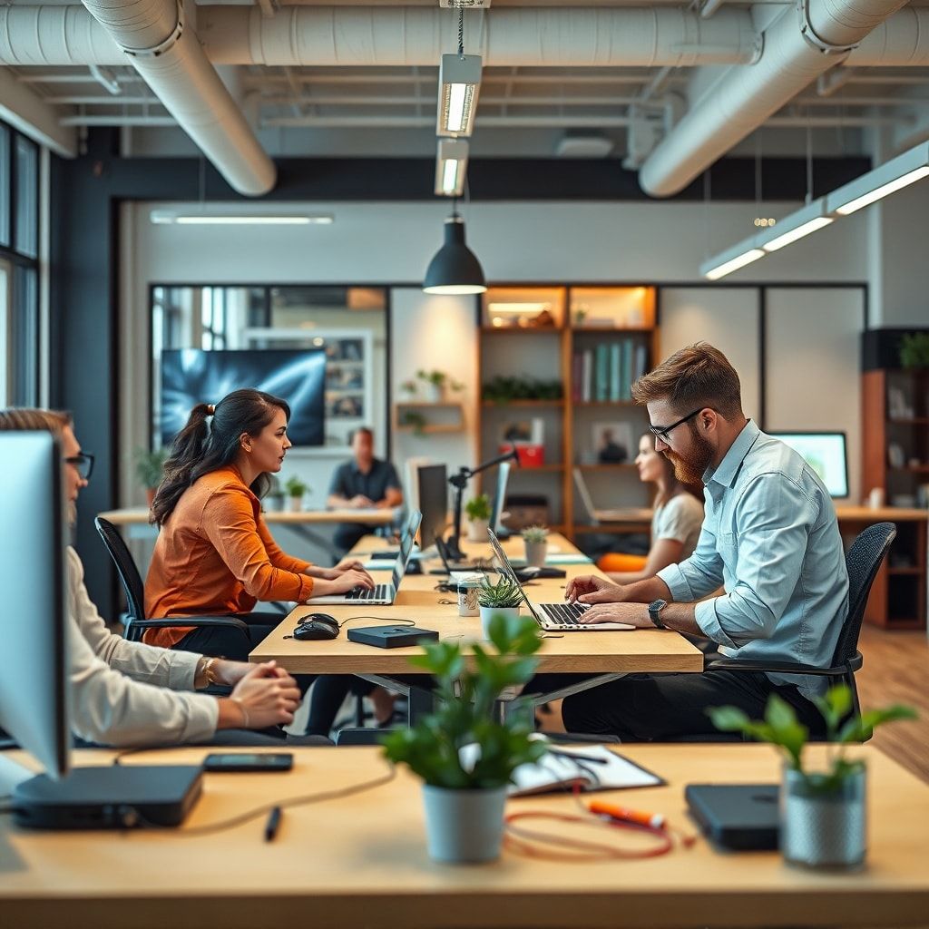 breaking - innovative tech gadgets and devices in a creative workspace, tech-savvy professionals collaborating on new ideas,