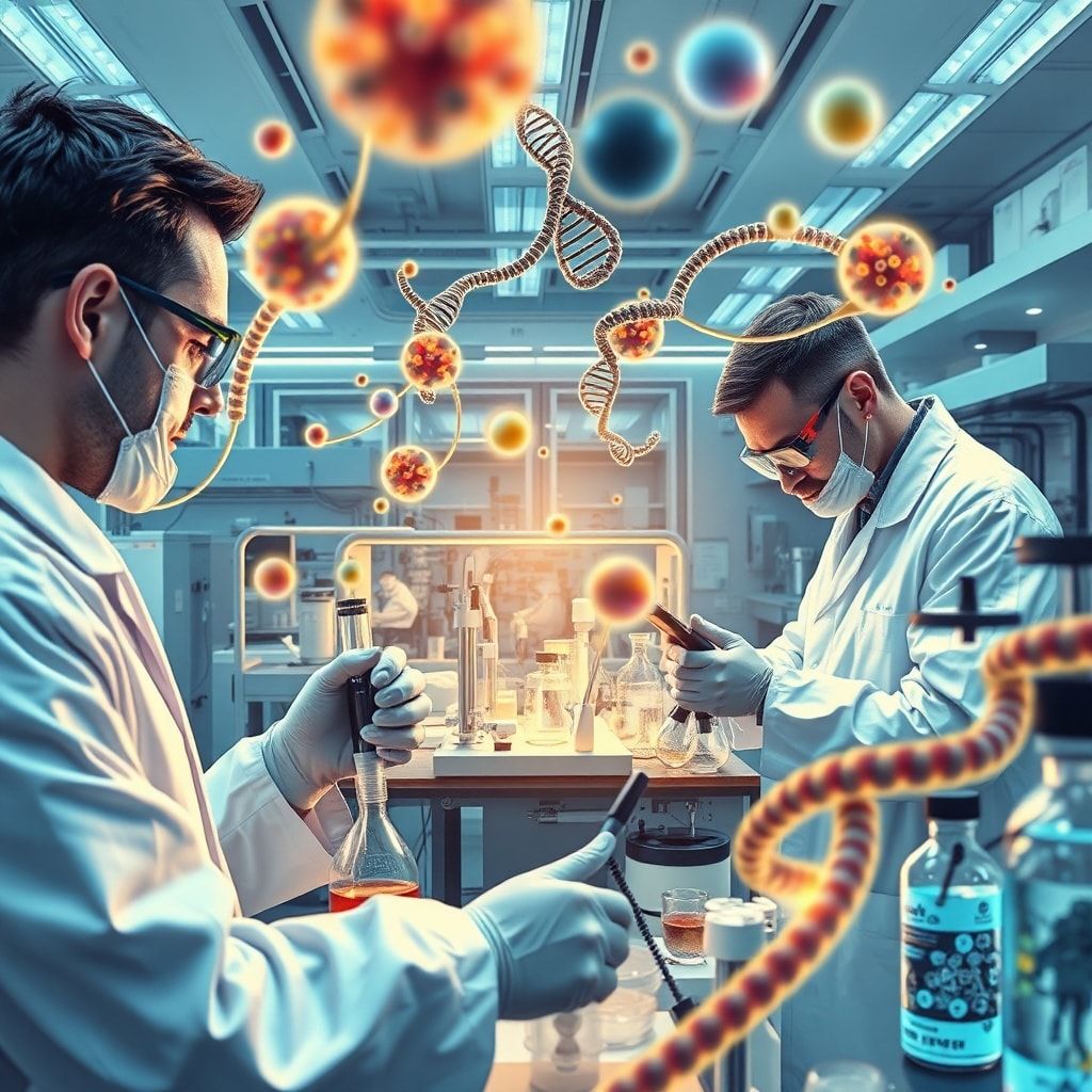 breaking - revolutionary biotechnology advancements in a laboratory setting, scientists conducting experiments with precision