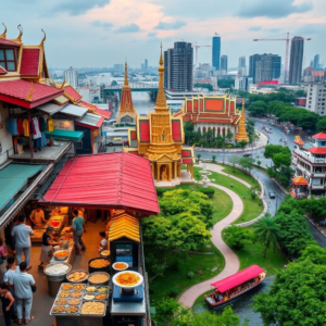 vibrant street market with colorful stalls and bustling crowds, traditional Thai architecture with intricate details, vibrant street food scene with sizzling pans and delicious dishes, serene temple courtyard with golden statues and incense offerings, lush green park with winding pathways and blooming flowers, bustling cityscape with skyscrapers and busy traffic, traditional Thai longtail boat on the Chao Phraya River, vibrant nightlife scene with neon lights and lively entertainment