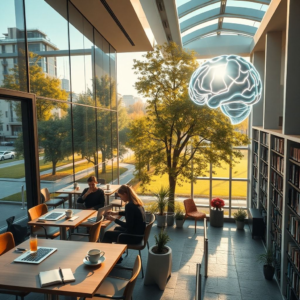 modern office with glass walls and people working on laptops, cozy Italian café terrace with coffee cups and notebooks, peaceful city park with green trees and stone pathways, minimalist living room interior with sunlight through large windows, futuristic AI holographic brain with neon lights, university library with tall bookshelves and students studying, warm natural sunlight, cinematic atmosphere, ultra-realistic, highly detailed, 8k quality, photorealistic