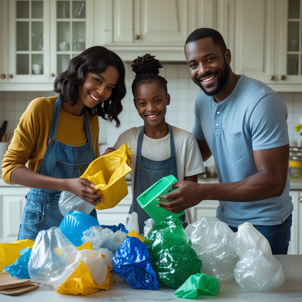 family recycling together in the kitchen, sorting plastic, paper, and glass waste, smiling and happy, eco-friendly lifestyle, sustainable living concept, green environment, sustainable development, reduce, reuse, recycle