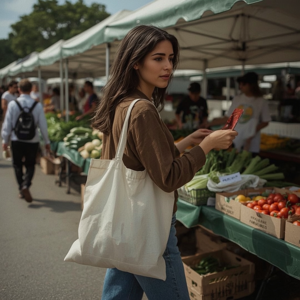 woman carrying reusable grocery bags at a local farmer's market, buying fresh organic produce, supporting local businesses, s