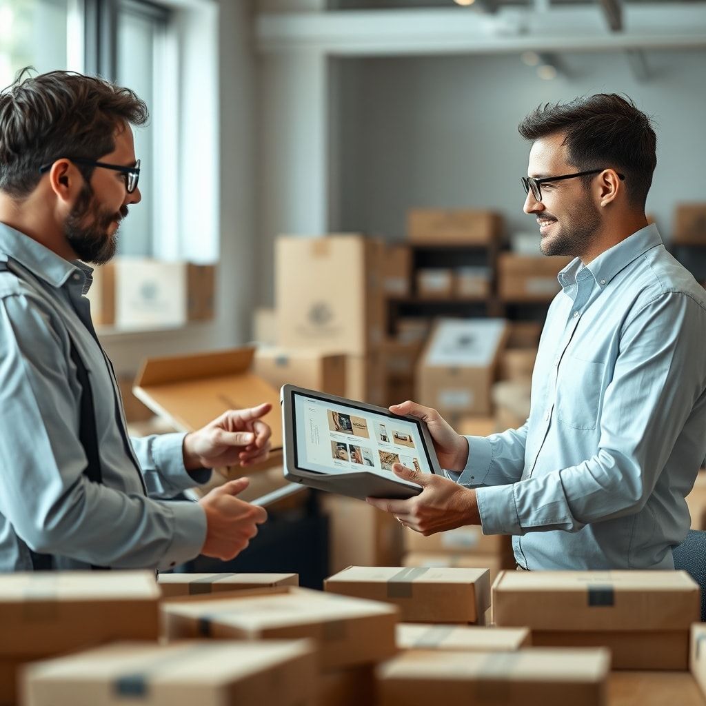 A business owner consulting with a packaging factory representative, discussing custom corrugated box designs. The scene shows various box samples, design mockups on a tablet, and a friendly, professional atmosphere. Focus on collaborative discussion, modern office setting, natural light, and high-quality packaging materials, illustrating the process of choosing a factory to ยกระดับแบรนด์ด้วยกล่องลูกฟูกสั่งผลิต: เลือกโรงงานในกรุงเทพฯ อยุธยา. Cinematic, ultra realistic, highly detailed, 8k quality, photorealistic