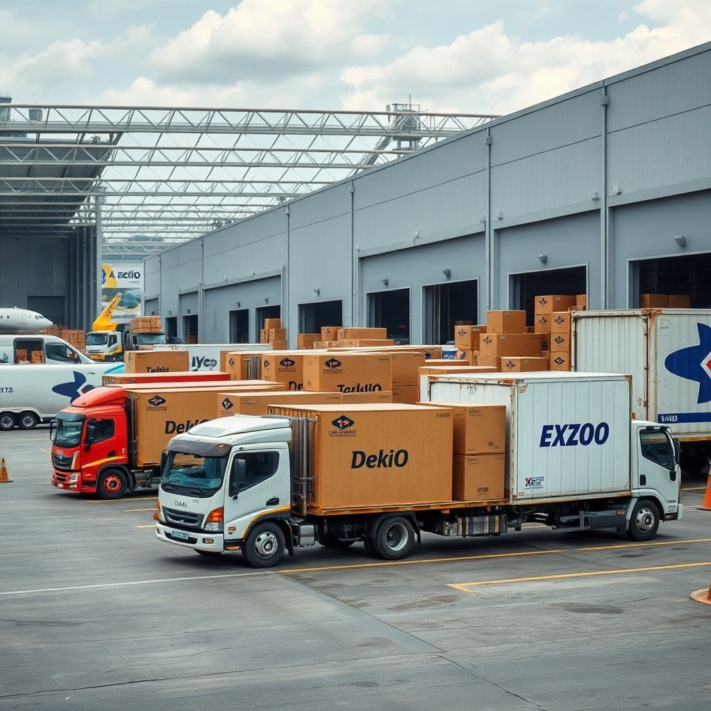 elevate - A busy logistics hub in Thailand, with trucks loading custom corrugated boxes onto delivery vehicles. The scene hig