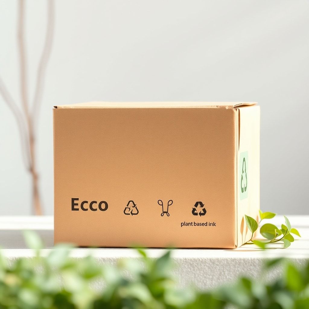 elevate - An eco-friendly corrugated box design, featuring earthy tones, plant-based ink labels, and clear recycling symbols.