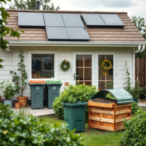 sustainable living in a modern eco-friendly home, with solar panels and recycling bins, lush green garden with compost bin, sustainable fashion clothing line made from recycled materials