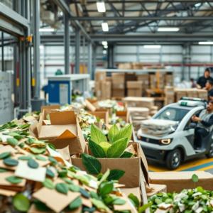 sustainable packaging materials being sorted for recycling in a modern facility, eco-friendly packaging design with green leaves and recycled paper, workers using energy-efficient machinery in a packaging plant, sustainable packaging materials being transported in electric vehicles