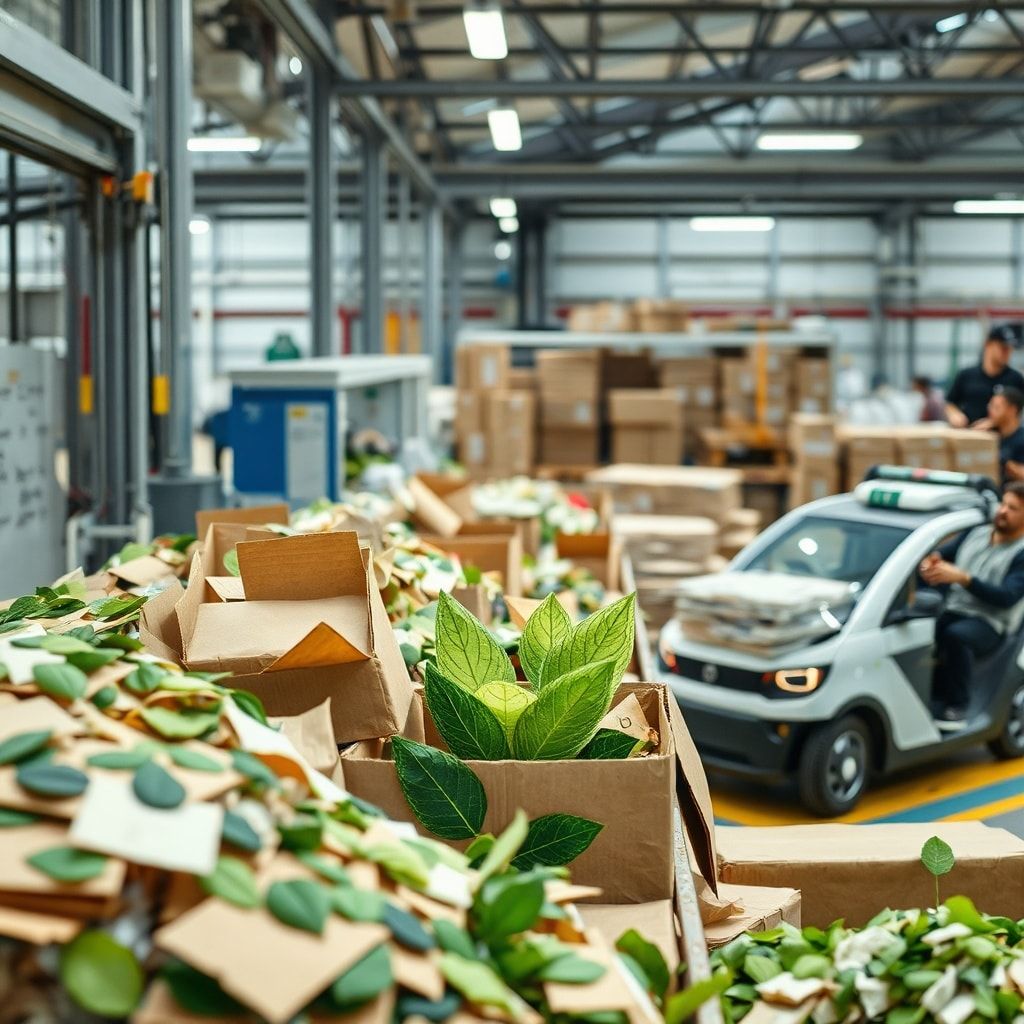 sustainable packaging materials being sorted for recycling in a modern facility, eco-friendly packaging design with green leaves and recycled paper, workers using energy-efficient machinery in a packaging plant, sustainable packaging materials being transported in electric vehicles