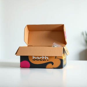 A beautifully designed custom corrugated box with a brand logo, vibrant colors, and unique graphics, being opened by hands. The box contains a neatly packaged product, emphasizing an exciting unboxing experience. The background is clean and modern, highlighting the product and packaging. Natural lighting, high detail, photorealistic.