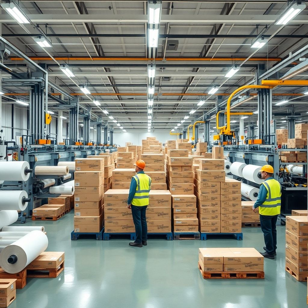 A modern factory floor with advanced corrugated box production machinery in action. Rolls of paper are being fed into machine