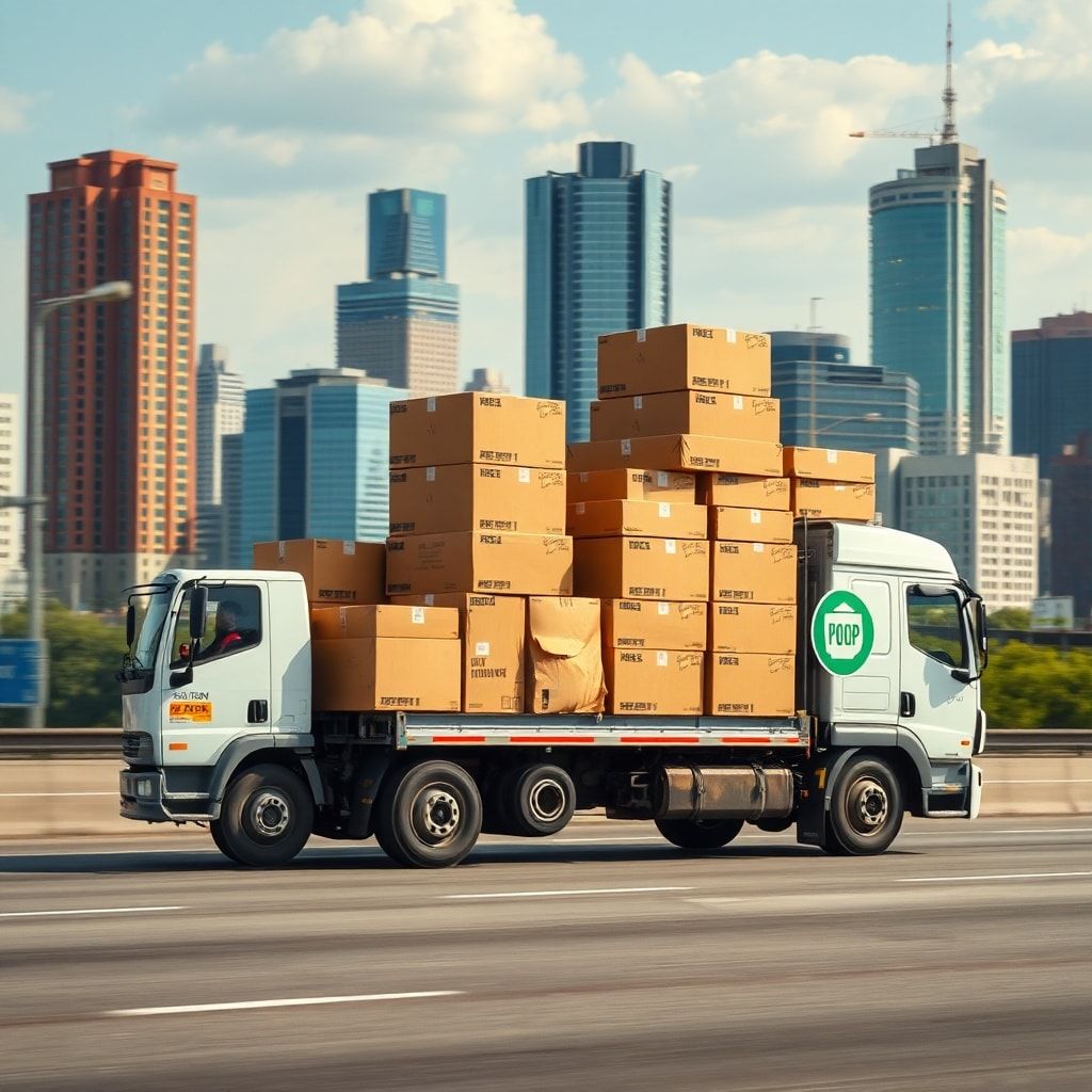 A delivery truck loaded with neatly stacked custom corrugated boxes, driving on a highway with a city skyline in the backgrou