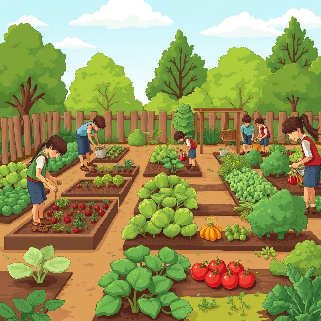 sustainable - community garden with people planting and harvesting organic vegetables