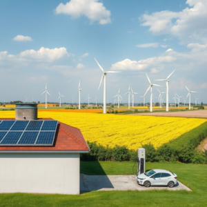 solar panels on a rooftop, wind turbines in a field, electric car charging station