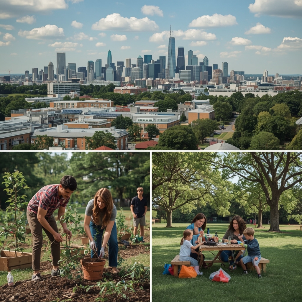 Diverse group of people planting trees in a community garden, sustainable city skyline with green buildings and solar panels, family enjoying a picnic in a beautiful park with recyclable materials
