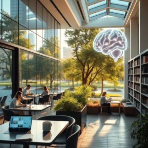 modern office with glass walls and people working on laptops, cozy Italian café terrace with coffee cups and notebooks, peaceful city park with green trees and stone pathways, minimalist living room interior with sunlight through large windows, futuristic AI holographic brain with neon lights, university library with tall bookshelves and students studying, warm natural sunlight, cinematic atmosphere, ultra realistic, highly detailed, 8k quality, photorealistic