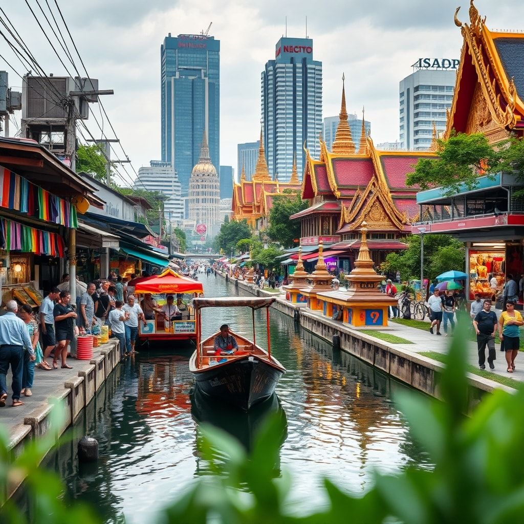 bustling street market with colorful stalls, vendors, and shoppers, traditional Thai longtail boat floating on a serene canal, vibrant street art mural depicting local culture and traditions, bustling night market with neon lights and street food vendors, tranquil Buddhist temple with ornate architecture and golden statues, lush green park with locals relaxing and exercising, modern skyline with futuristic skyscrapers and bustling traffic