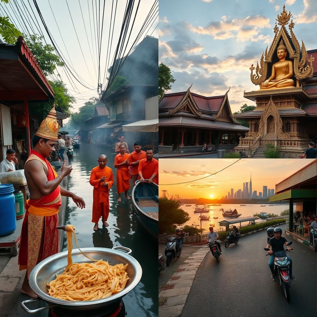 exploring - authentic Thai street food vendor cooking pad thai on a sizzling wok, traditional Thai dancer performing a gracef