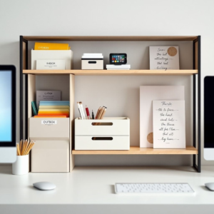 workspace organization with vertical file organizer, stationery holder, inbox and outbox system, project management tool, and inspirational display shelf, minimalistic design, modern aesthetic, clean lines, organized workspace, productivity tips, creative workspace ideas