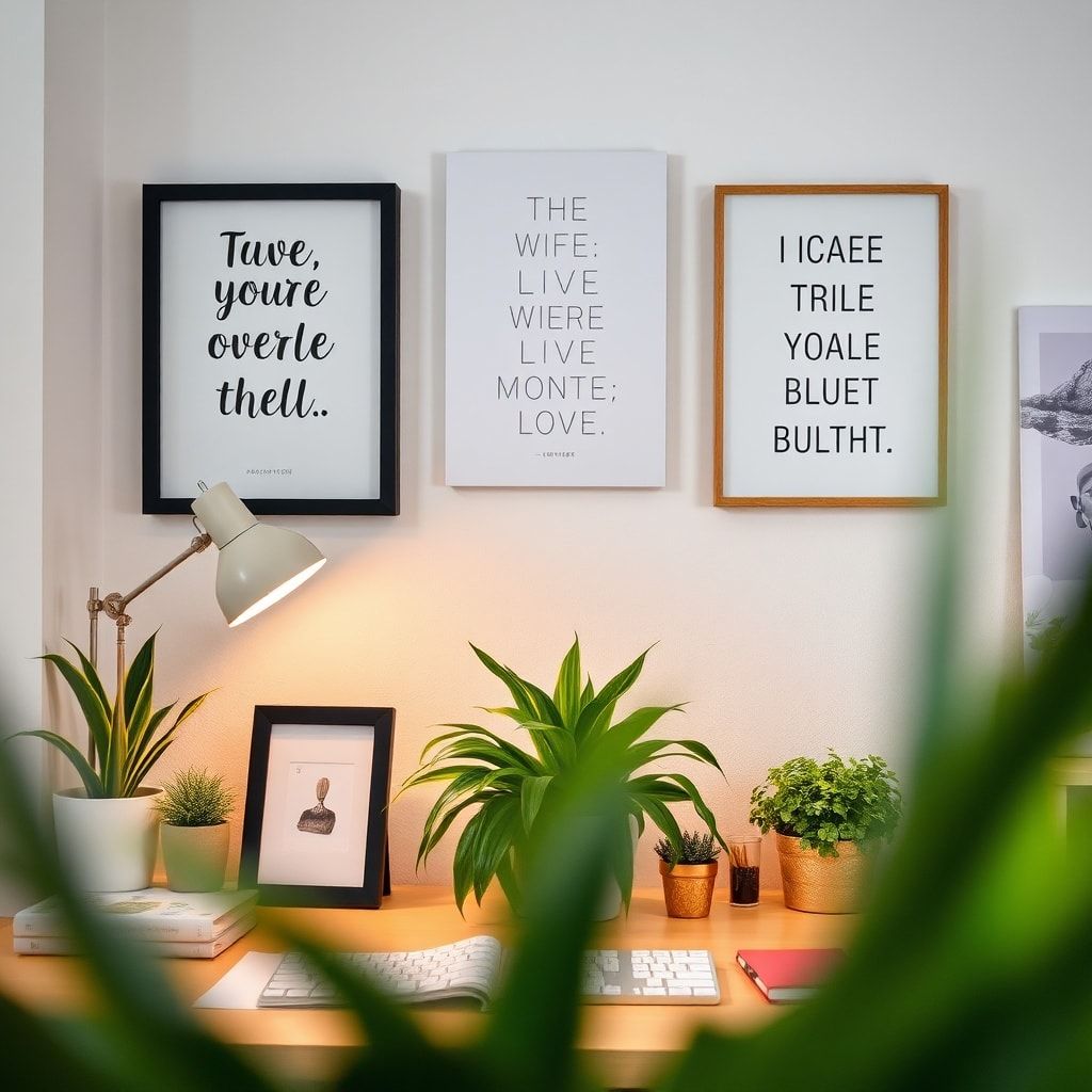 workspace inspiration with motivational quotes, plant decor, personalized workspace setup, creative office design, inspiratio