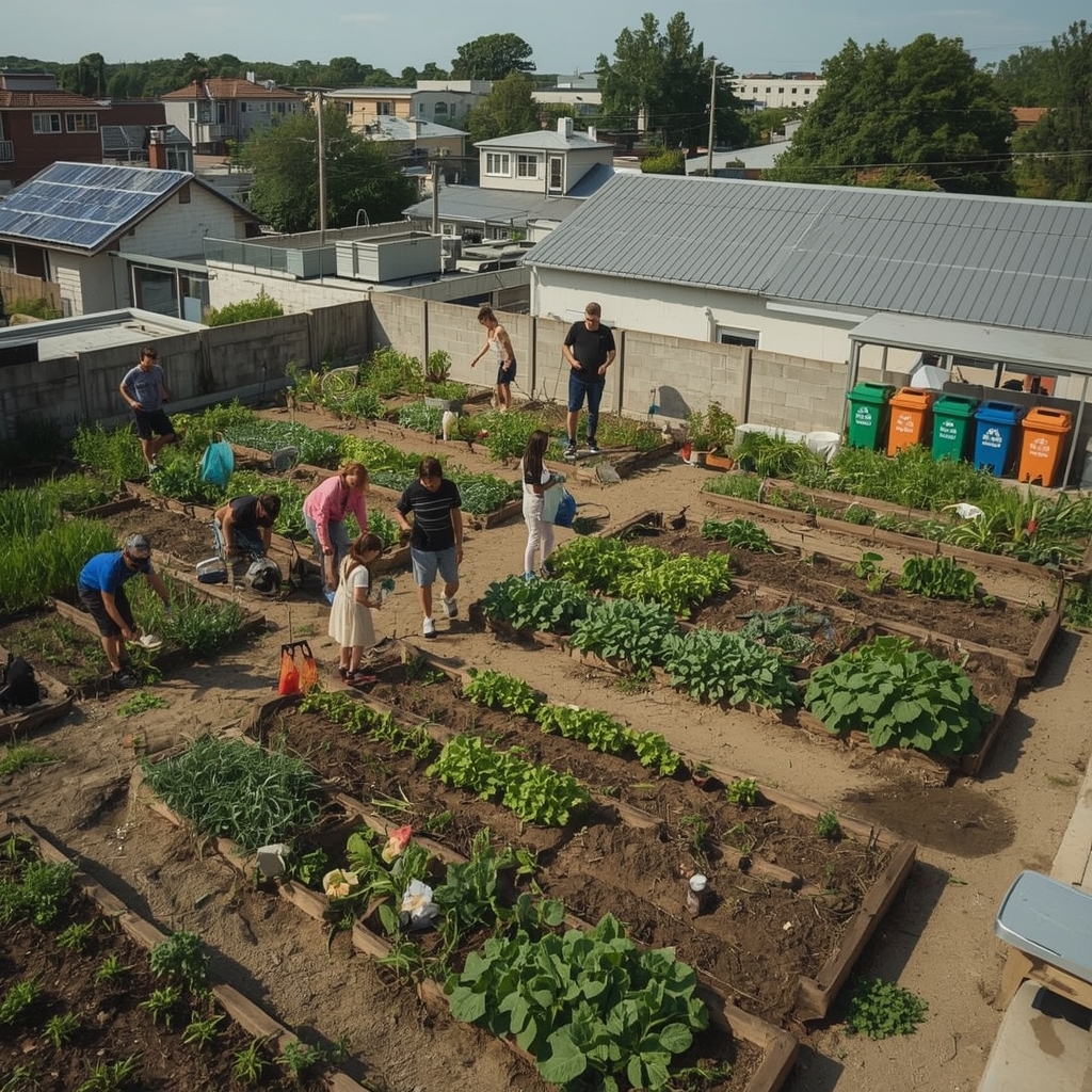 sustainable living community garden with diverse group of people planting vegetables, solar panels on rooftops, reusable shopping bags filled with fresh produce, colorful recycling bins on city street, eco-friendly home with green roof and rainwater collection system, modern zero-waste kitchen with stainless steel containers, sustainable fashion store with eco-friendly clothing and accessories, community bike-sharing station with people riding bicycles