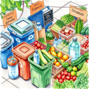 sustainable eco-friendly lifestyle with recycling bins, reusable water bottles, and organic produce at farmer's market