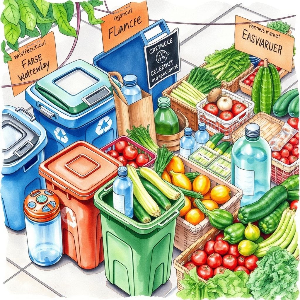 sustainable eco-friendly lifestyle with recycling bins, reusable water bottles, and organic produce at farmer's market