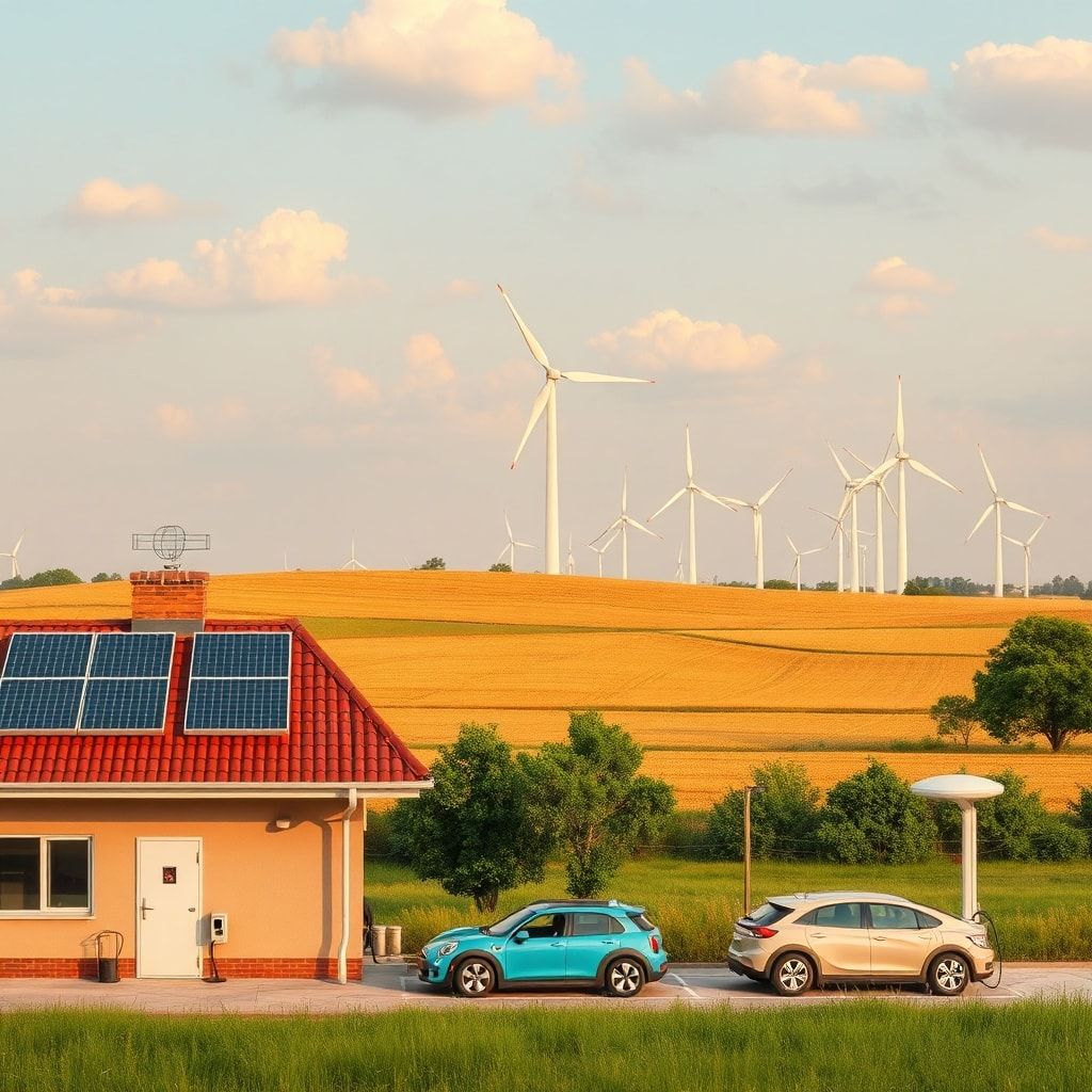 sustainable - solar panels on a rooftop, wind turbines in a field, and electric vehicles charging at a station