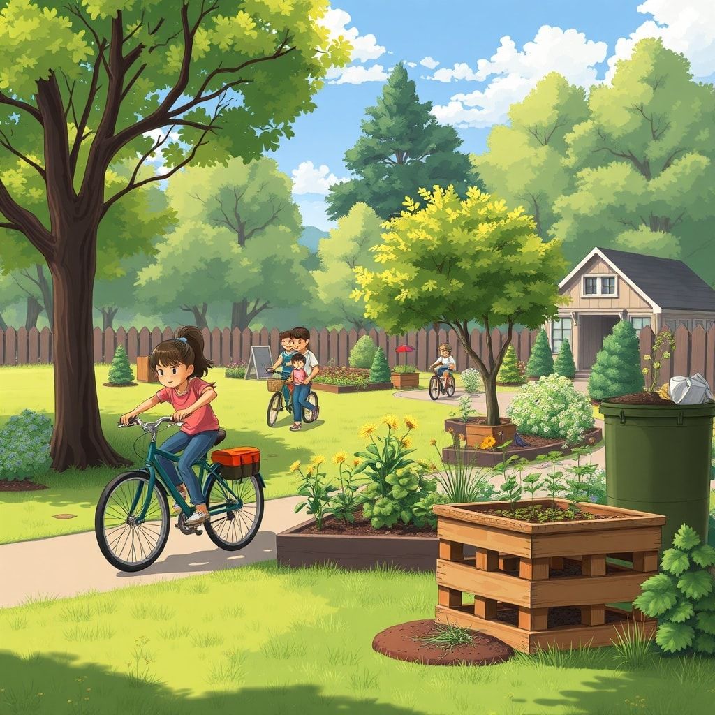 sustainable - family biking together in a park, planting trees in a community garden, and composting food scraps in a backyar