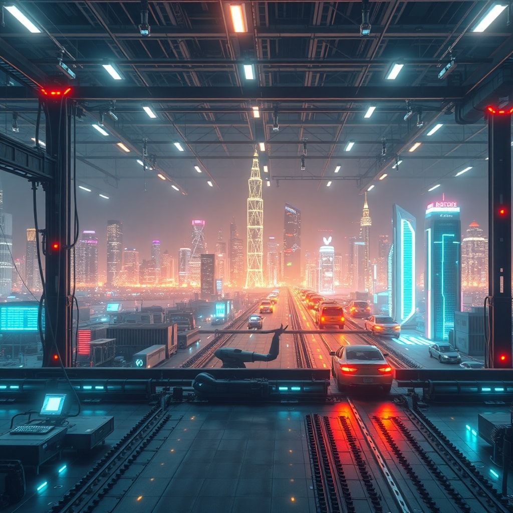 cutting-edge technology with futuristic design and glowing lights, high-tech innovation concept, digital transformation, abstract technology background, AI-powered robotics in a modern factory, advanced technology solutions, innovation and creativity, futuristic city skyline with flying cars and neon lights, artificial intelligence concept, technologically advanced society