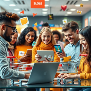 A diverse group of people from different demographics happily shopping online on various devices like laptops, tablets, and smartphones, with shopping carts and product images floating around them in a vibrant, digital-first Ecommerce environment, bright colors, modern design, ultra realistic, highly detailed, 8k quality, photorealistic
