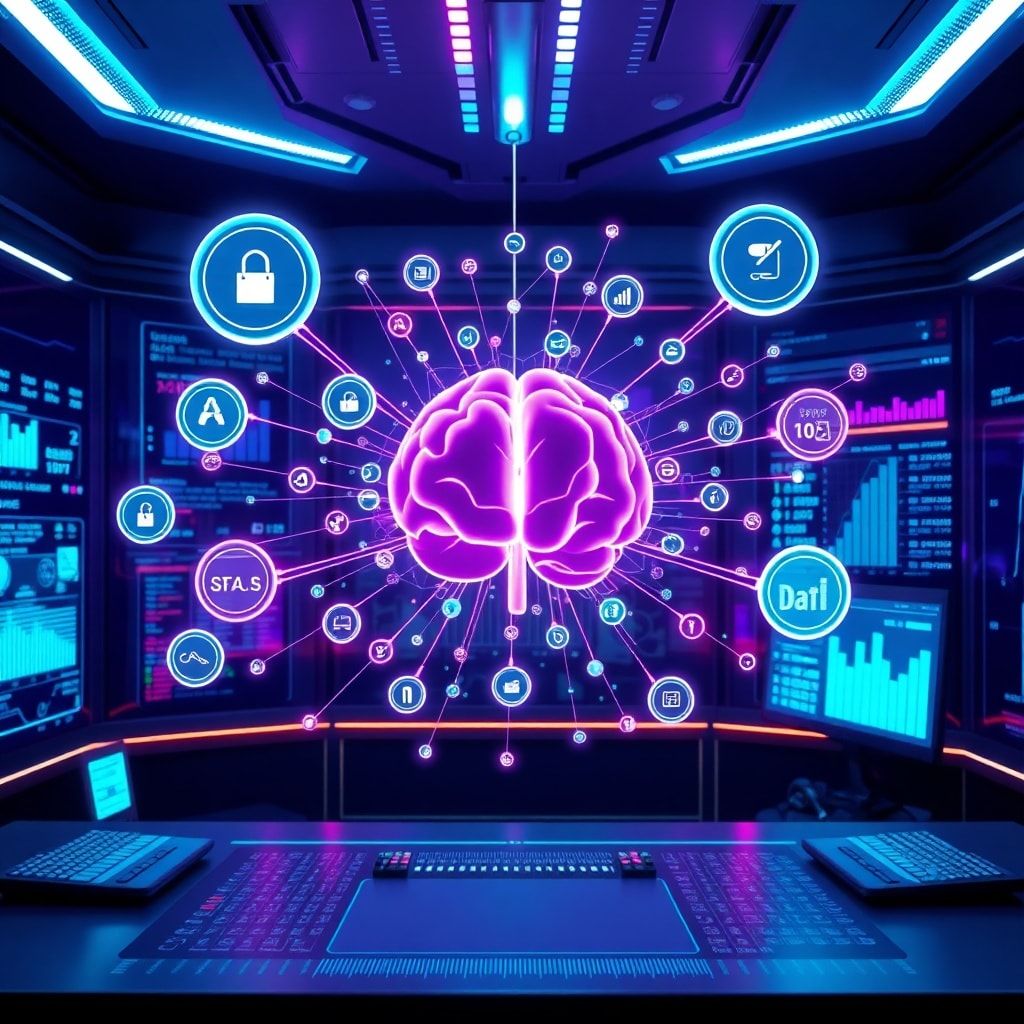 A futuristic data visualization showing interconnected nodes representing customer data, product recommendations, and real-ti