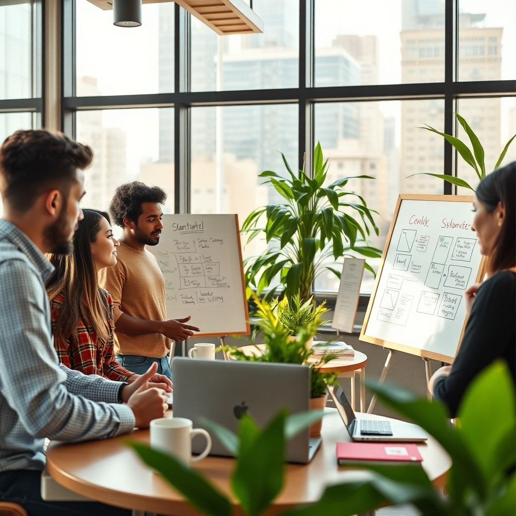 A diverse group of young entrepreneurs collaborating in a modern, sunlit co-working space, brainstorming ideas for a sustaina