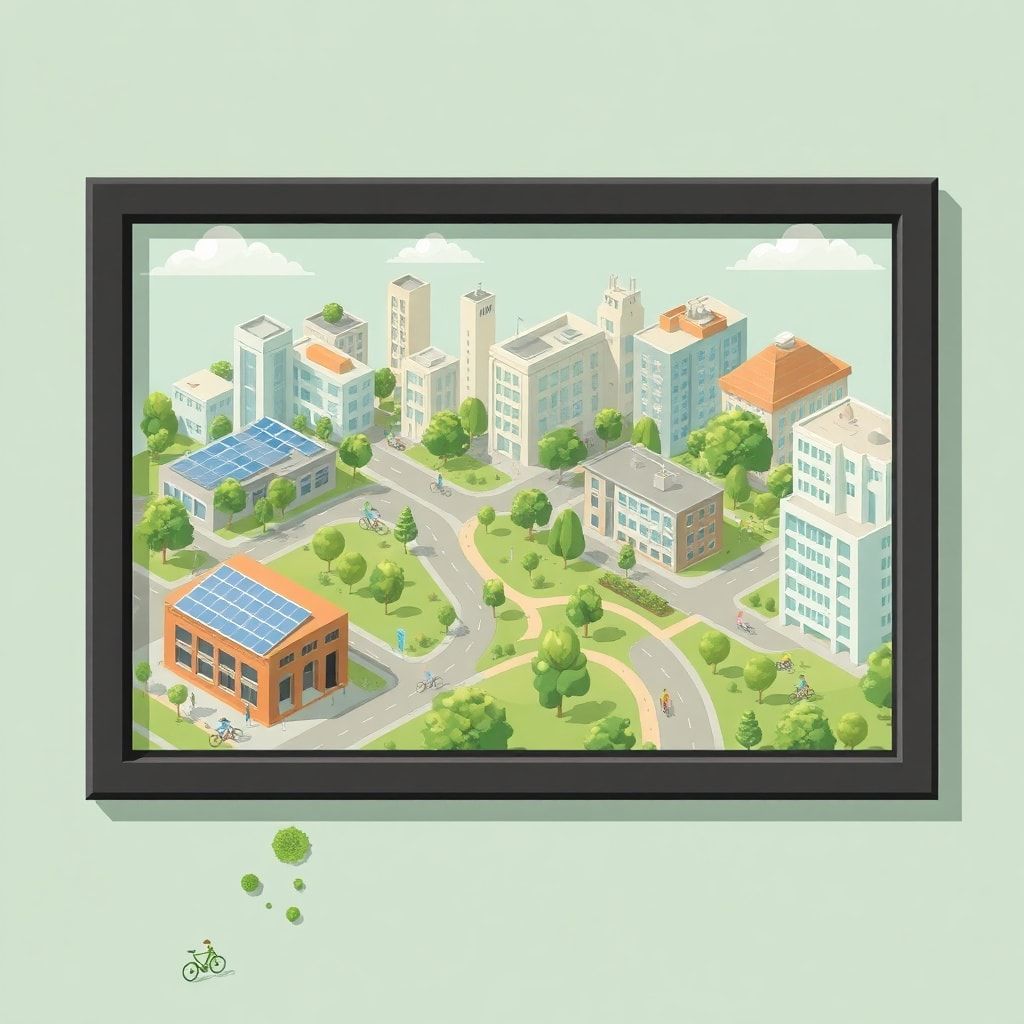 Illustration of a sustainable city with green spaces, solar panels, and bike lanes