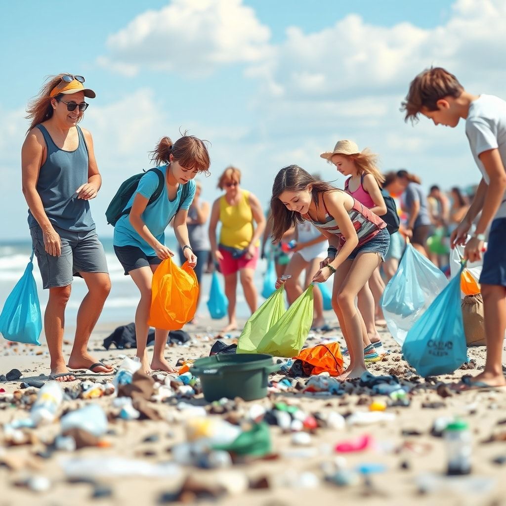 sustainable - Diverse group of people participating in a beach clean-up event, picking up trash and plastic waste