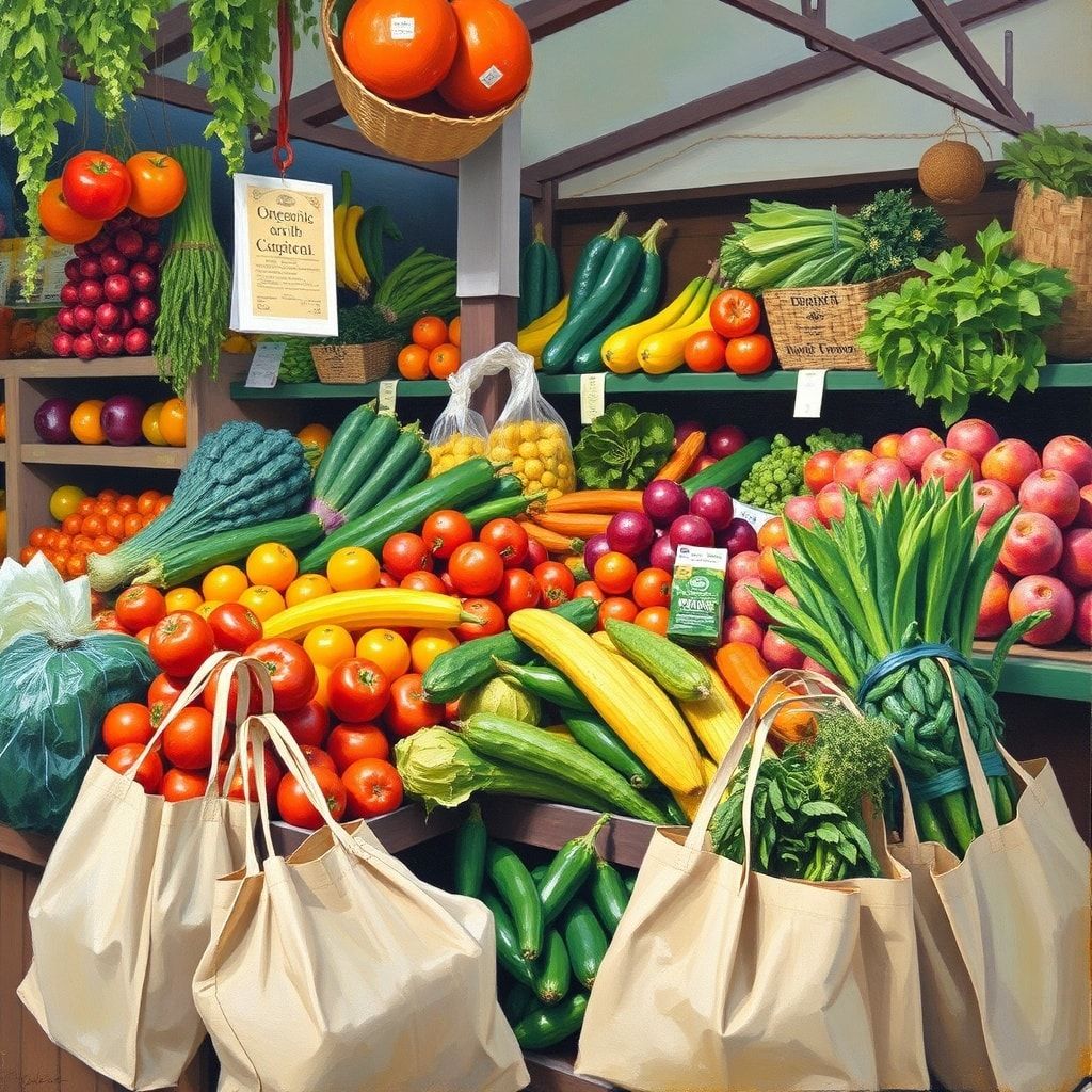 sustainable - Organic fruit and vegetable market with colorful produce and reusable shopping bags
