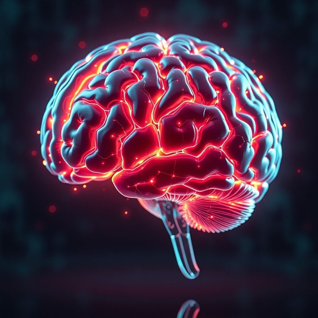 futuristic AI holographic brain with neon lights, ultra realistic, highly detailed, 8k quality, photorealistic