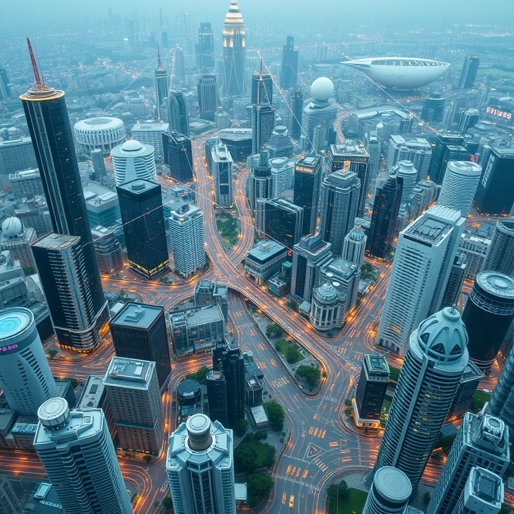 latest - smart city with connected devices and sensors, futuristic urban landscape, advanced technology integration, digital