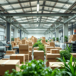 modern corrugated box factory with sustainable practices, eco-friendly packaging materials, energy-efficient machinery, employees working in a green environment, minimalist industrial design, natural lighting, green plants, eco-conscious workplace