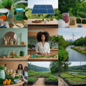 sustainable lifestyle with eco-friendly products and reusable items, zero waste kitchen with glass jars and bamboo utensils, sustainable fashion with organic cotton clothing and recycled accessories, eco-conscious household with solar panels and rainwater collection system, green city skyline with renewable energy sources and bike lanes, community garden with raised beds and composting area, serene nature landscape with clean rivers and lush forests, diverse group of people working together for sustainability